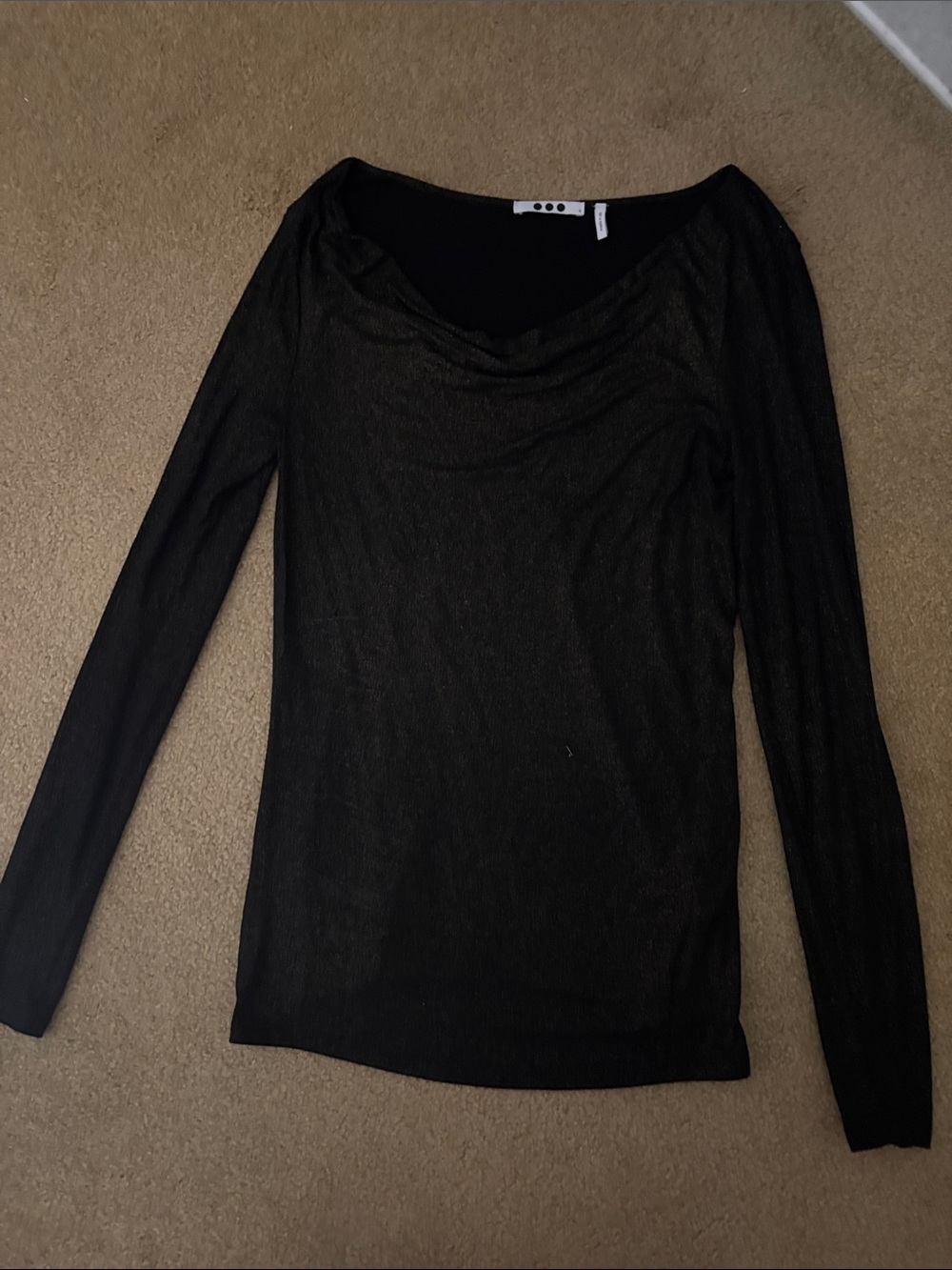 Three Dots Black  with gold  speckles Long-Sleeve Draped Neck Top